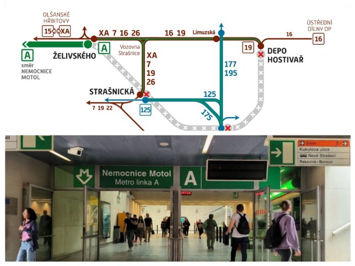 Припинять рух метро на лінії А на ділянці Želivského – Depo Hostivař.